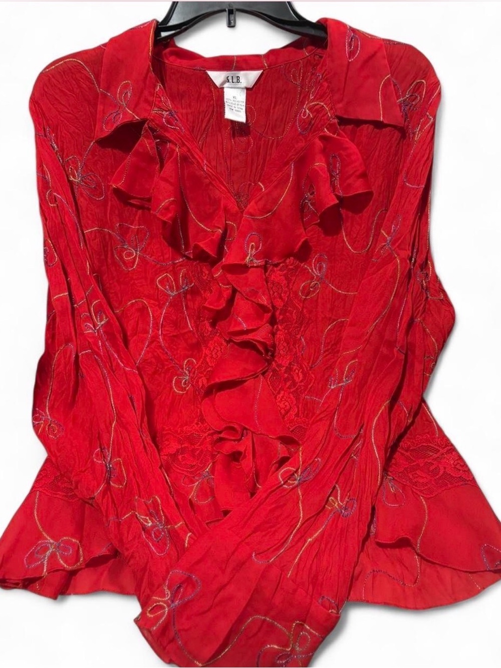 S.L.B. Red Ruffle-Front Blouse